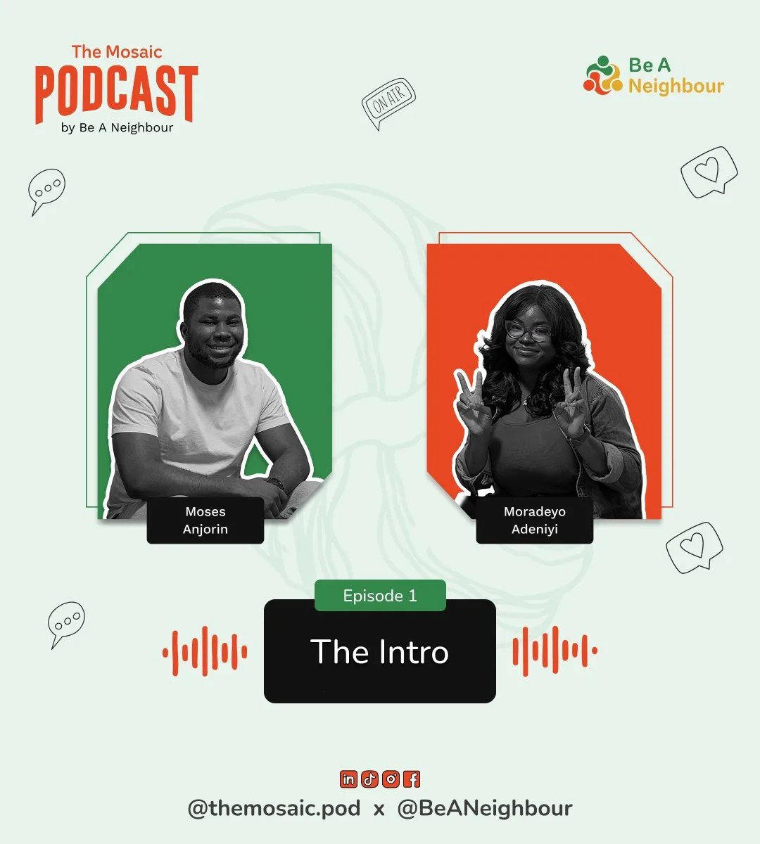 Two people recording The Mosaic Podcast