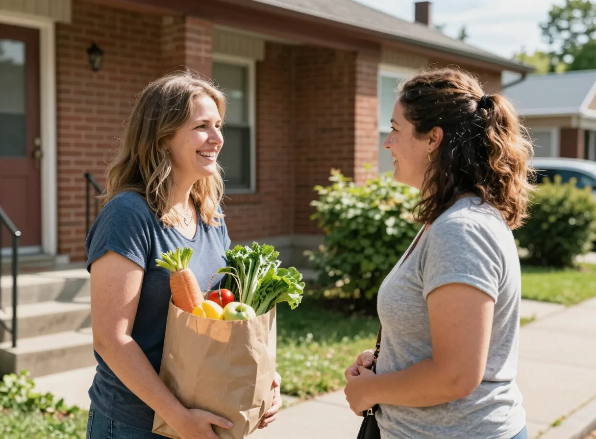 A neighbour receiving support with groceries